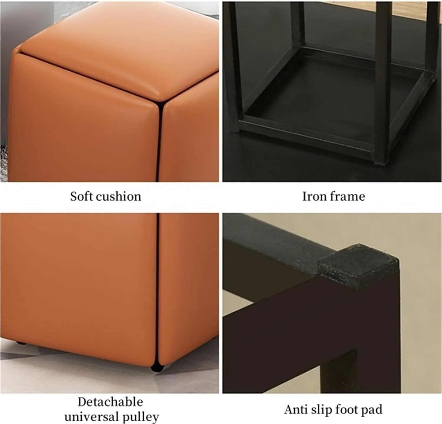 5 in 1 Nesting Ottoman with Wheels Movable Footstool Stackable Sofa Stools PU Leather Pouf Chair Square Foot Stool for Dining Room Living Room Creative idea(Yellow,32x32x32cm)