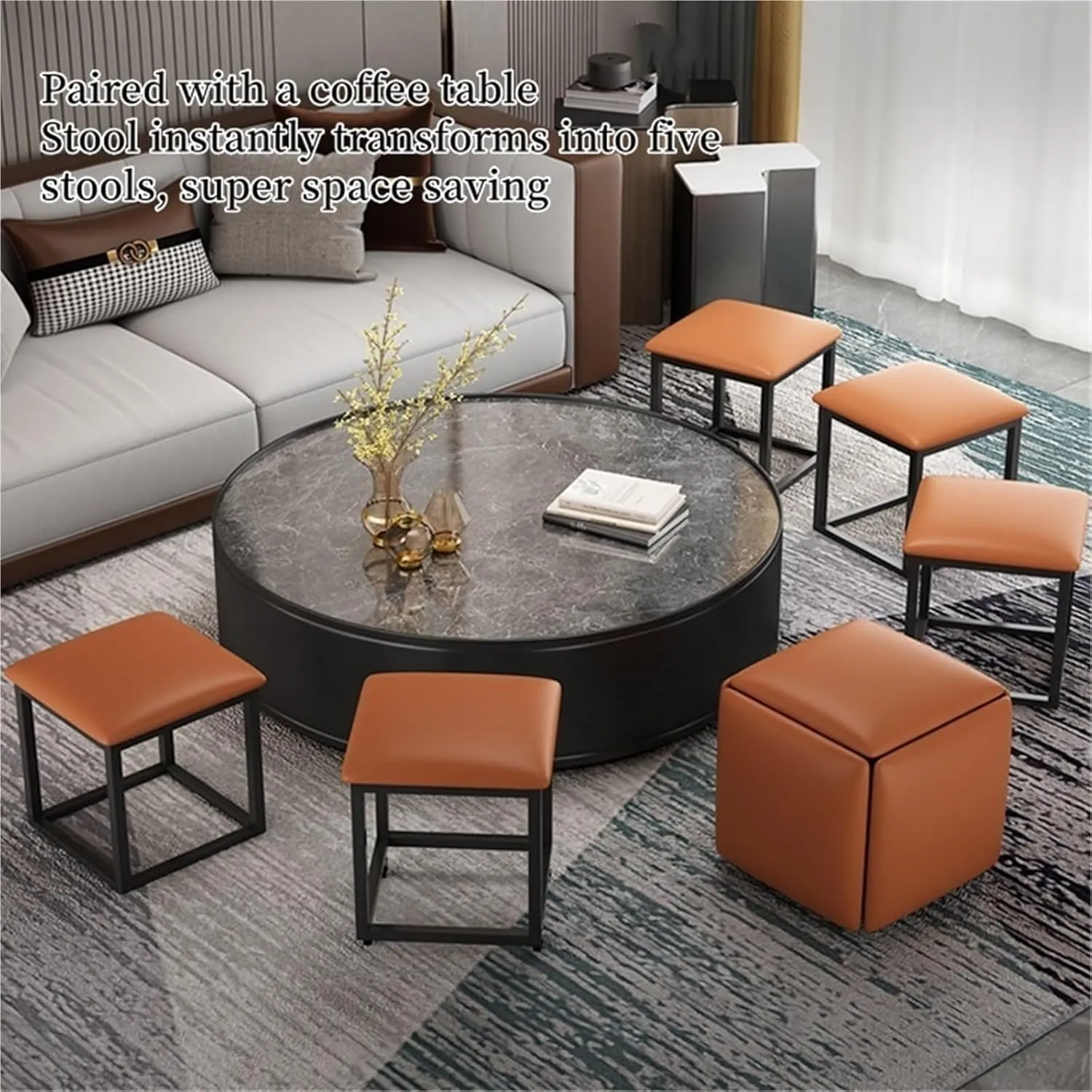 5 in 1 Nesting Ottoman with Wheels Movable Footstool Stackable Sofa Stools PU Leather Pouf Chair Square Foot Stool for Dining Room Living Room Creative idea(Yellow,32x32x32cm)