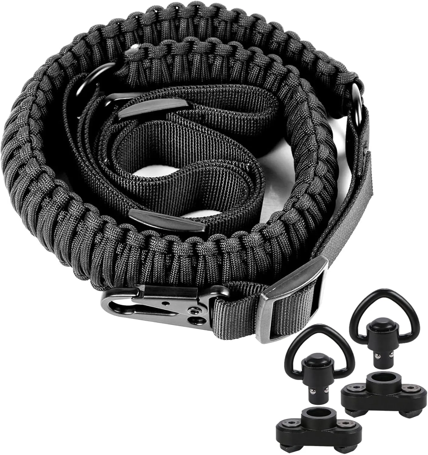 550 Paracord 2 Point Sling with HK Clips & 2-Pack M-Rail Sling Attachment with Swivel Adjustable Length Rifle Sling Strap 1.25” Wide