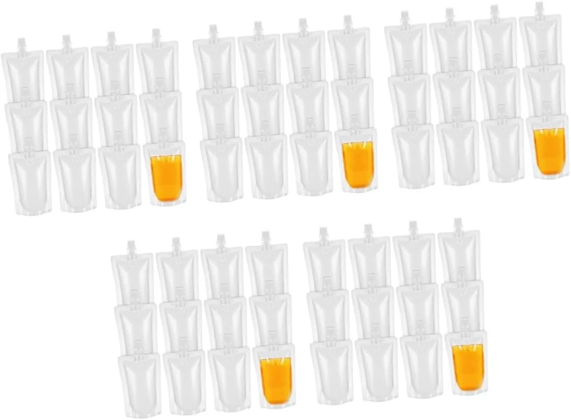 5sets Plastic Drinks Flask Bag 100ml Flask Pouch Tap Reusable and Leakproof Bag for Travel 50pcs*5