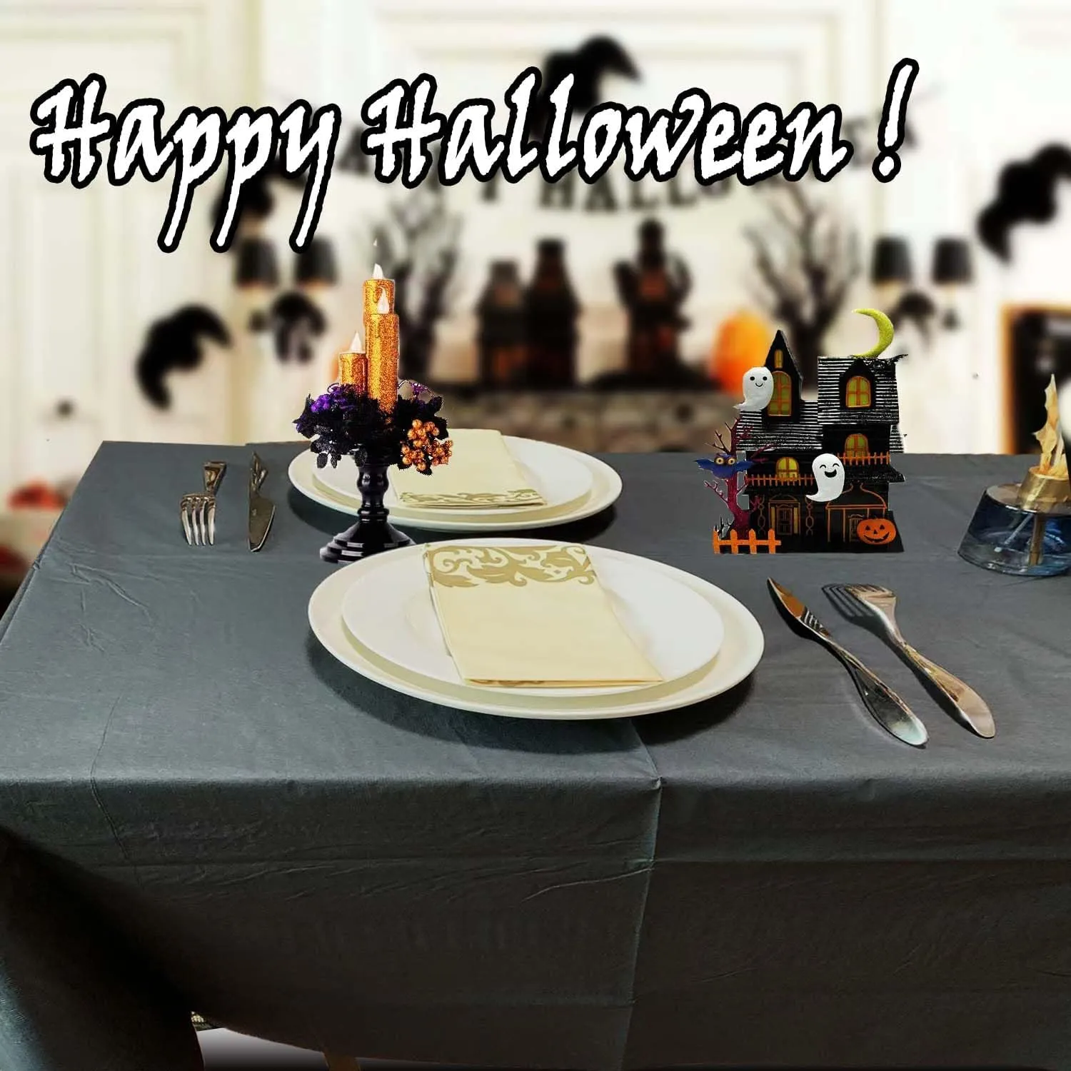 [6 Pack] Black Paper Tablecloths Disposable for Rectangle Tables, 54 X 108 Inch Party Table Cover with Plastic Backing, Waterproof 3 Ply Table Cloth for Halloween Banquet Parties, New Pattern