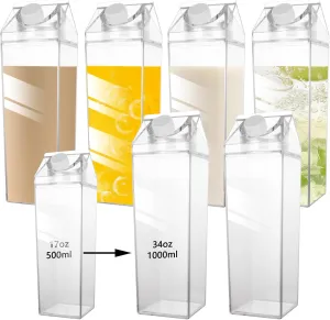 6 Pack Milk Carton Water Bottles 34 Oz Clear Plastic Milk Carton Container Reusable, Square Milk Bottles Plastic Milk Boxes for Water, Juice, Ice Tea, Sports, Outdoor, Travel Camping
