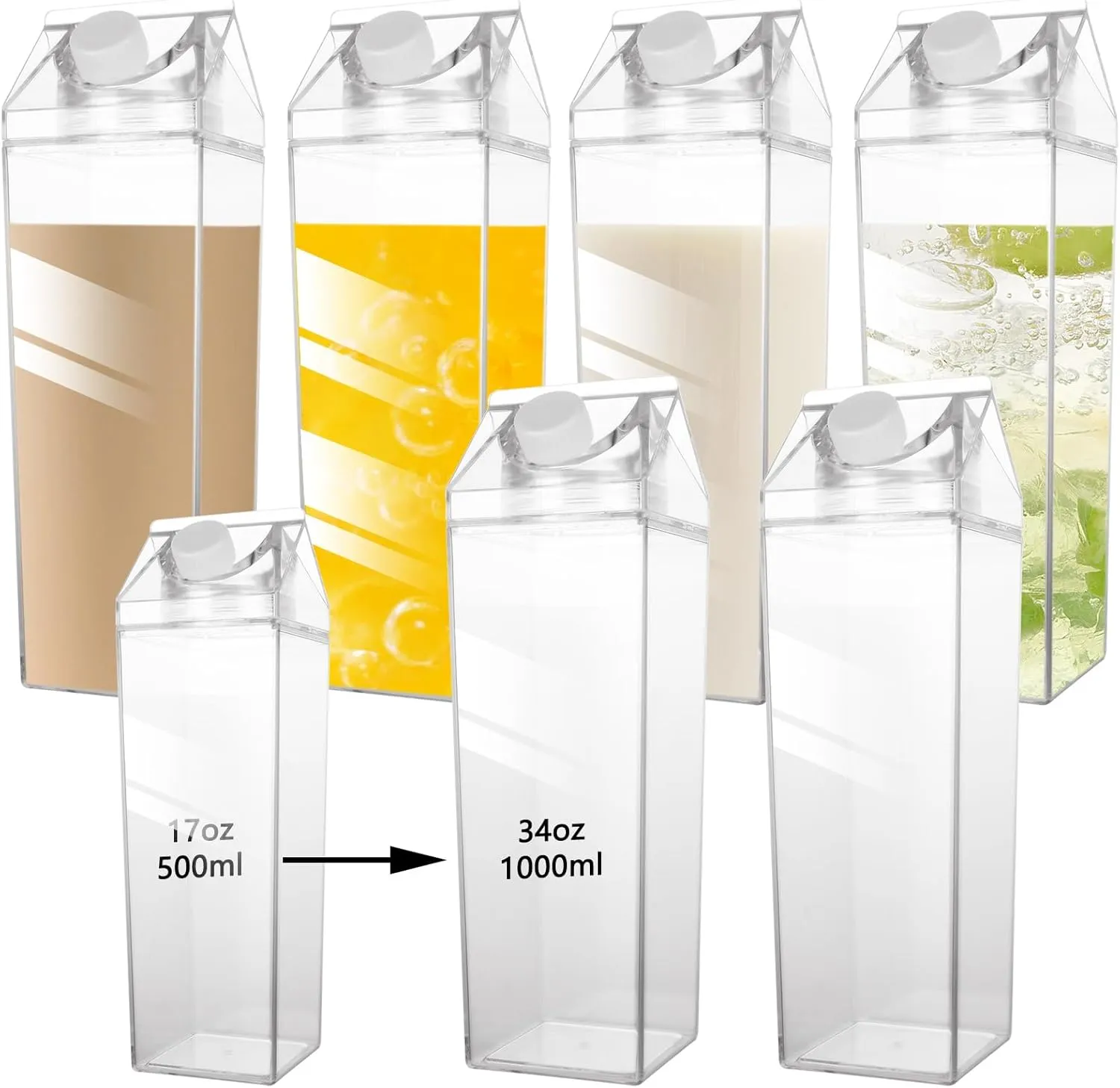 6 Pack Milk Carton Water Bottles 34 Oz Clear Plastic Milk Carton Container Reusable, Square Milk Bottles Plastic Milk Boxes for Water, Juice, Ice Tea, Sports, Outdoor, Travel Camping