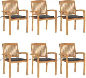 6-Piece Stackable Teak Wood Patio Chairs with Cushions - Outdoor Indoor Dining Chairs Set Weather-Resistant Furniture for Garden Poolside Camping (Anthracite)