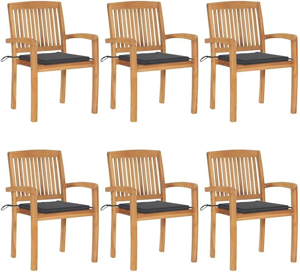 6-Piece Stackable Teak Wood Patio Chairs with Cushions - Outdoor Indoor Dining Chairs Set Weather-Resistant Furniture for Garden Poolside Camping (Anthracite)