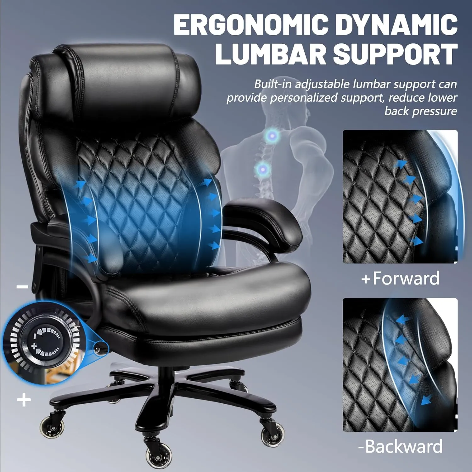 600LBS Big and Tall Office Chair for Heavy People, Heavy Duty Executive Chair with High Back, Extra Wide Seat and Adjustable Lumbar, Large Computer Desk Chair Comfortable for Home Office (Black)