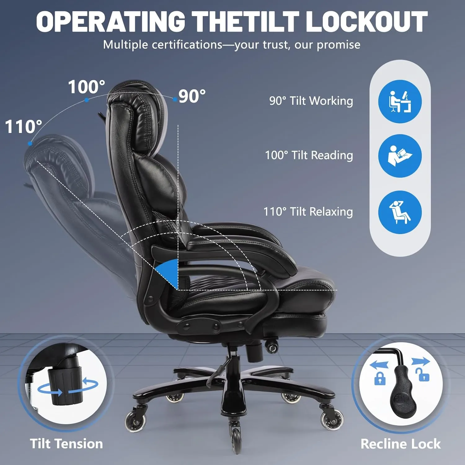 600LBS Big and Tall Office Chair for Heavy People, Heavy Duty Executive Chair with High Back, Extra Wide Seat and Adjustable Lumbar, Large Computer Desk Chair Comfortable for Home Office (Black)