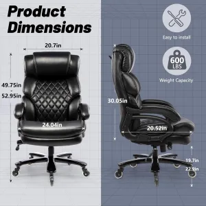 600LBS Big and Tall Office Chair for Heavy People, Heavy Duty Executive Chair with High Back, Extra Wide Seat and Adjustable Lumbar, Large Computer Desk Chair Comfortable for Home Office (Black)