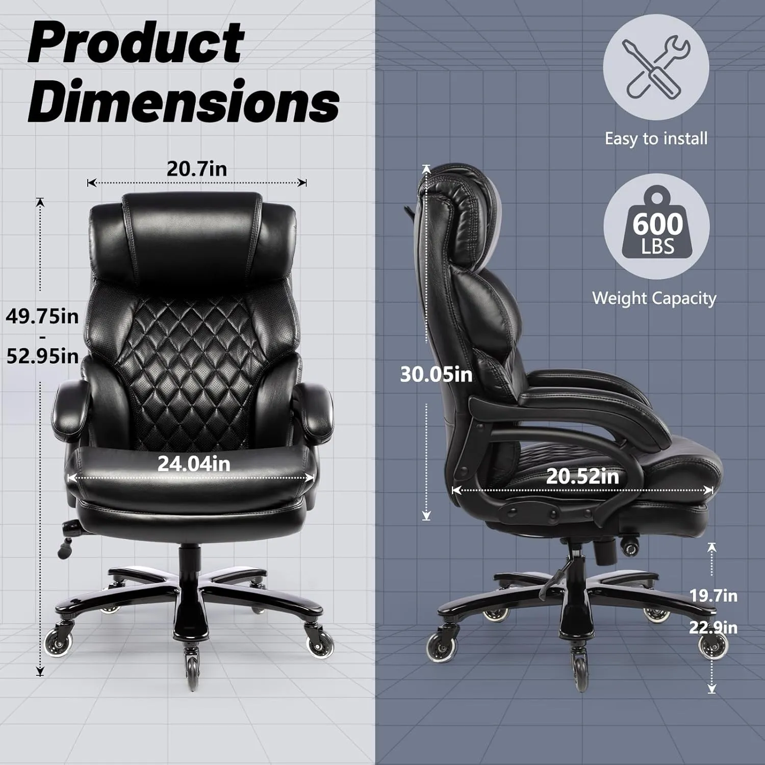 600LBS Big and Tall Office Chair for Heavy People, Heavy Duty Executive Chair with High Back, Extra Wide Seat and Adjustable Lumbar, Large Computer Desk Chair Comfortable for Home Office (Black)