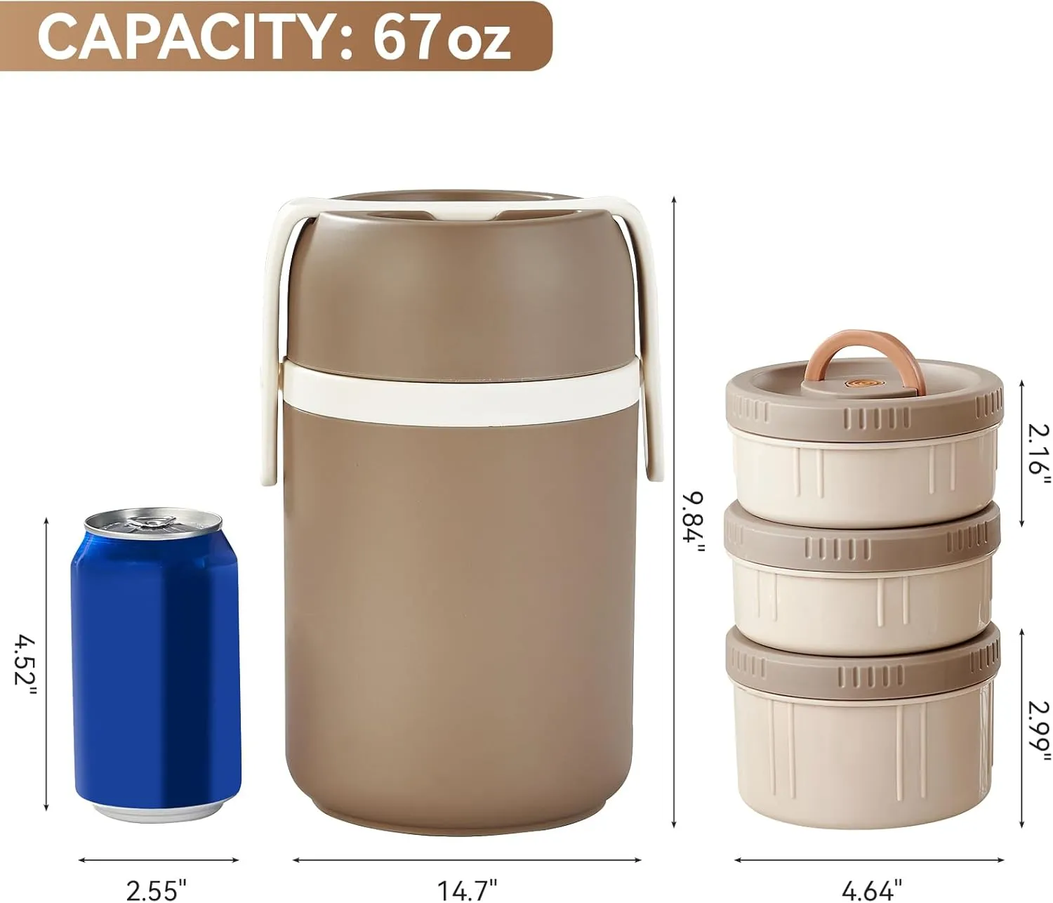 67oz Thermos for Hot Food,3-Layer Sealed Stackable Food Thermos,with Lunch Bag Soup Thermos,It Is Suitable for Daily Office Meals and Outdoor Meals,Among Other uses (Gray, 67)