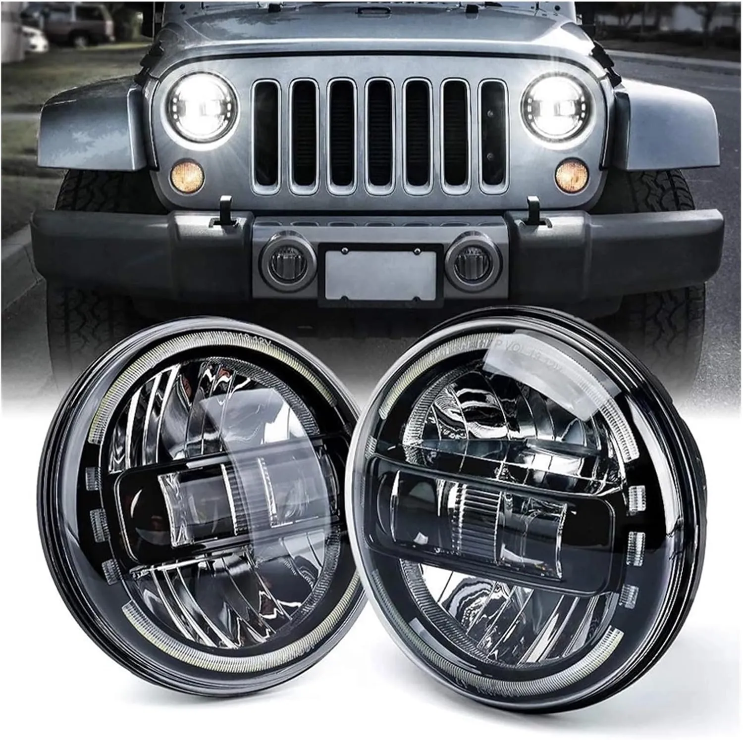 7'' Led Headlight，Compatible With Lada Niva 4x4 H4 High Low Beam Round Headlamp Cars Running Lights，Compatible With Jeep Wrangler JK Land Rover Defend(2pcs Black)