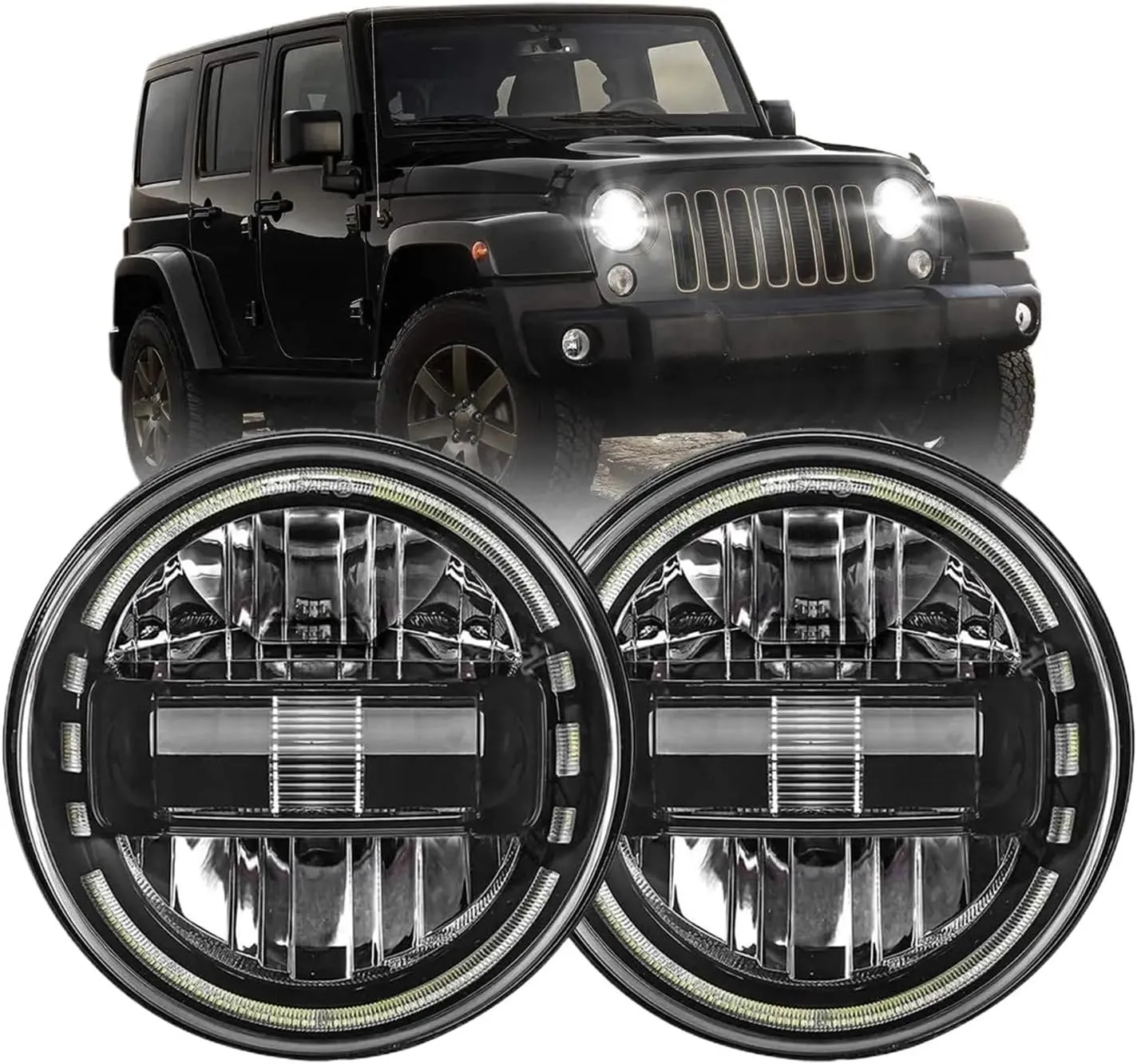 7'' Led Headlight，Compatible With Lada Niva 4x4 H4 High Low Beam Round Headlamp Cars Running Lights，Compatible With Jeep Wrangler JK Land Rover Defend(2pcs Black)