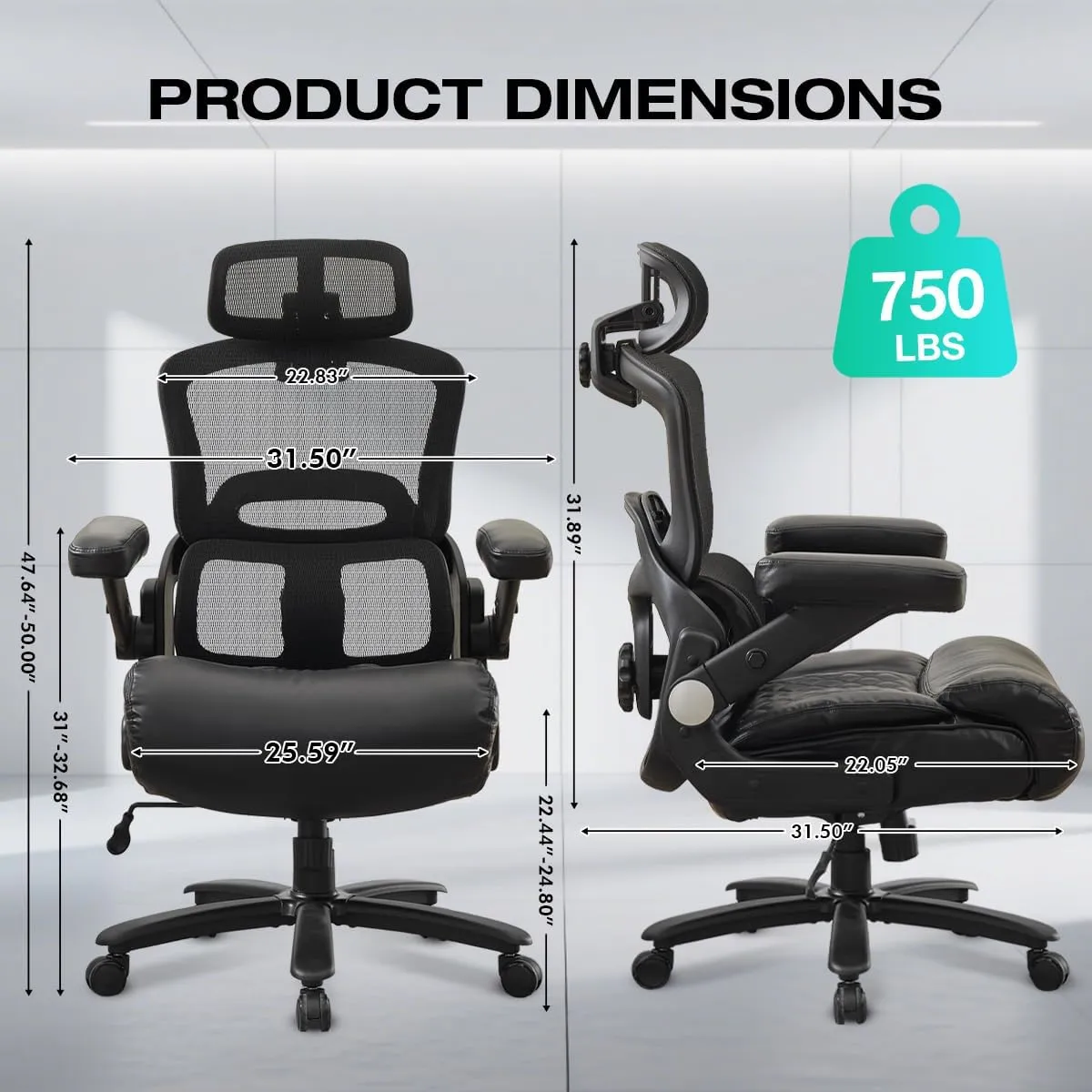 750lbs Big and Tall Office Chair with Dual Lumbar Support for Heavy People, Oversize Ergonomic Desk Chair with 5D Armrests, Wide Thick Seat & 2D Headrest for Adults 8 Hours daliy Work
