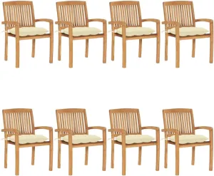 8-Piece Solid Teak Wood Stackable Patio Chairs with Cream Cushions, Outdoor Furniture Set for Dining, Pool, Beach, and Garden, Weather-Resistant, Easy Storage