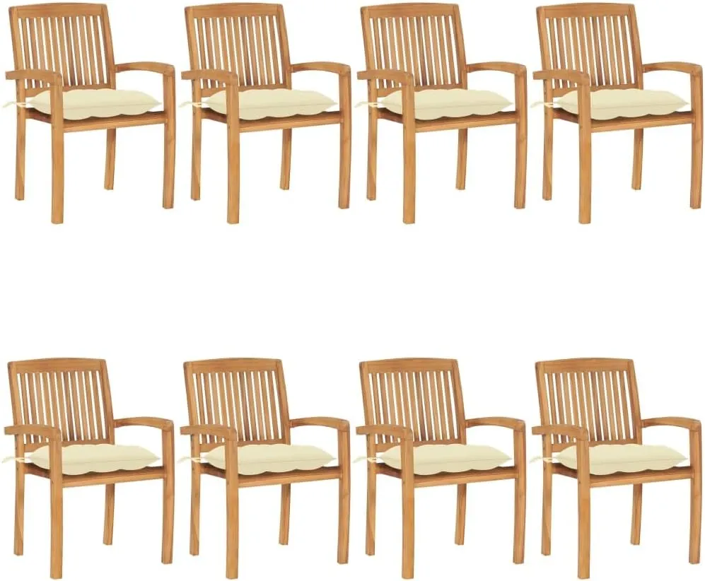8-Piece Solid Teak Wood Stackable Patio Chairs with Cream Cushions, Outdoor Furniture Set for Dining, Pool, Beach, and Garden, Weather-Resistant, Easy Storage
