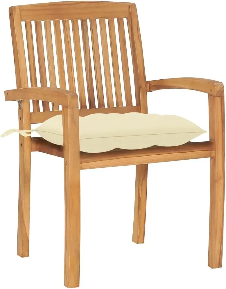 8-Piece Solid Teak Wood Stackable Patio Chairs with Cream Cushions, Outdoor Furniture Set for Dining, Pool, Beach, and Garden, Weather-Resistant, Easy Storage