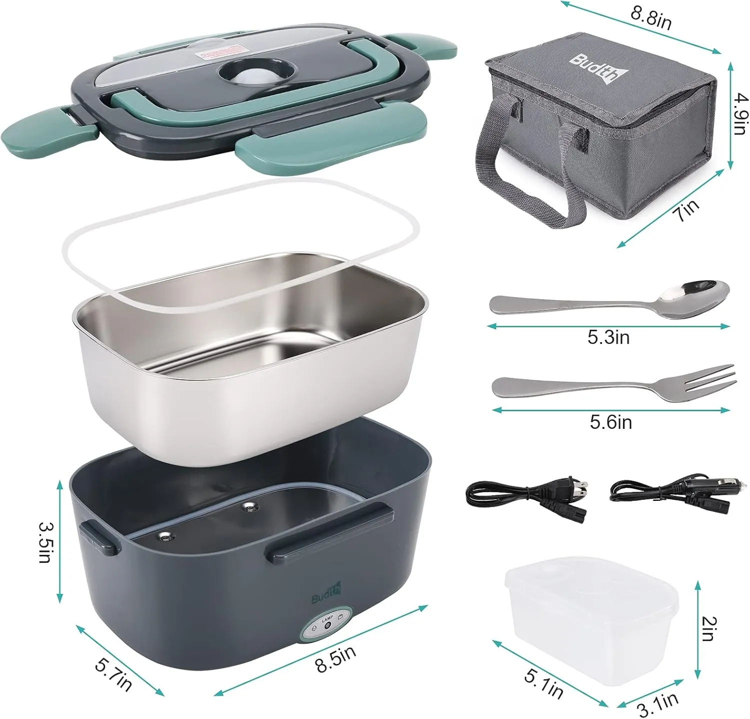 80W Electric Lunch Box, Portable Food Warmer for Car Truck Office, 12V 24V 110V Adapter, Leak Proof, 304 Stainless Steel Container, SS fork & Spoon and Carry Bag (Green)