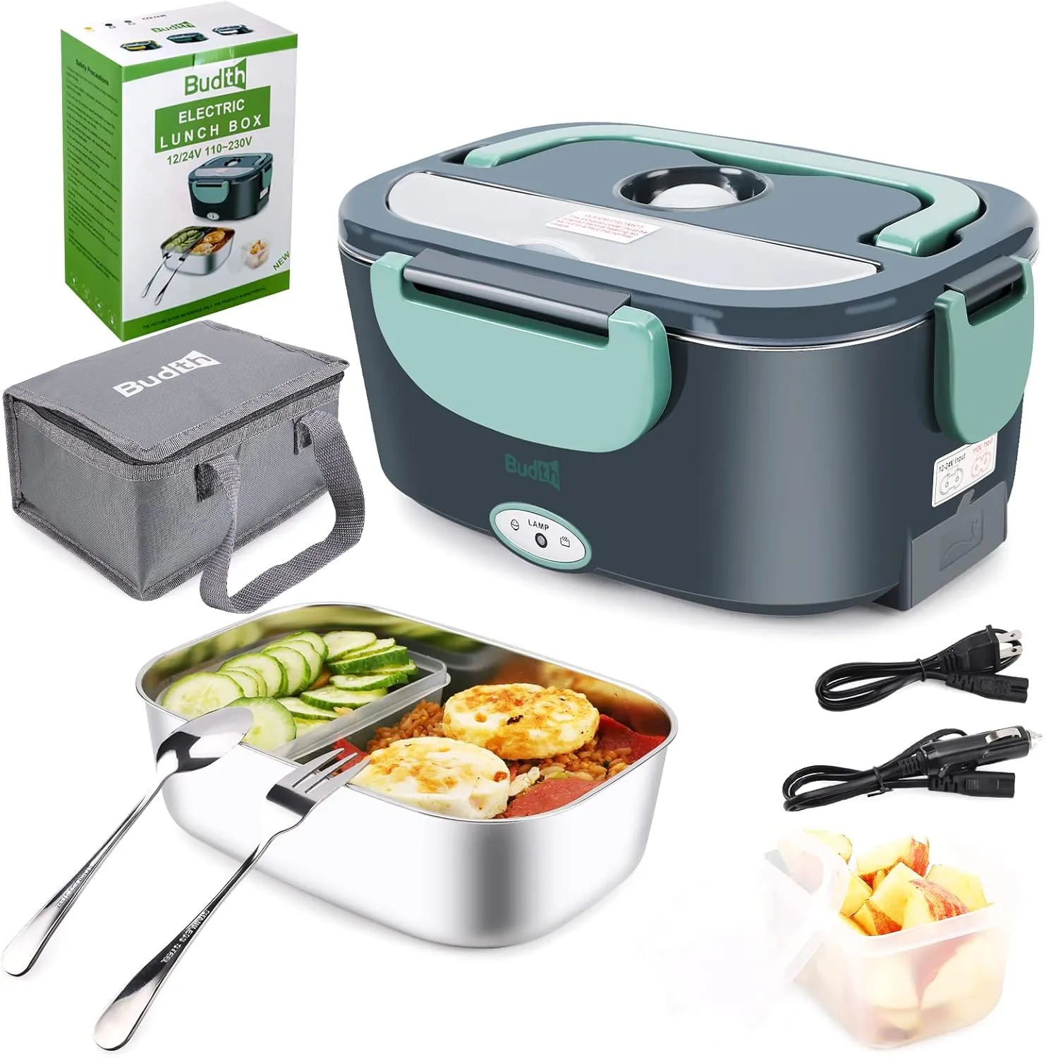 80W Electric Lunch Box, Portable Food Warmer for Car Truck Office, 12V 24V 110V Adapter, Leak Proof, 304 Stainless Steel Container, SS fork & Spoon and Carry Bag (Green)