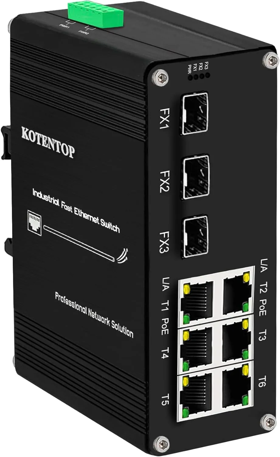 9-Port Unmanaged Industrial Ethernet Hardened Network Fiber Switch with 6 x 10/100Base-T RJ45 Plus 3 x 100Base-FX SFP,Support 12~48VDC, IEEE802.3af/at POE Budget 180W,IP40,DIN Rail Mounting, Safety