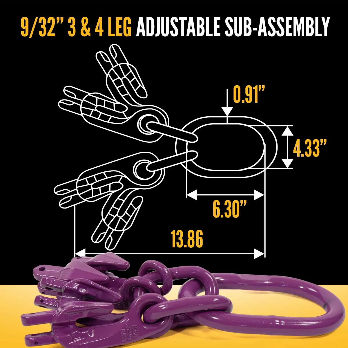 9/32" x 10' - Adjustable 3 Leg Chain Sling w/ Sling Hooks - Grade 100