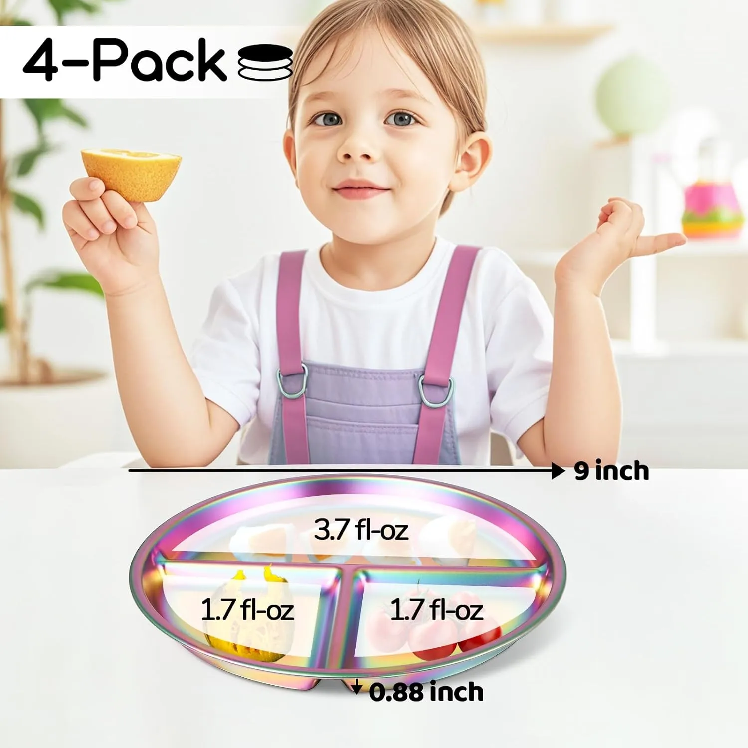 9" Stainless Steel Toddler Plates Set of 4, Divided Plate for Kids & Baby, Non Toxic Unbreakable Dishes Dinnerware Adults Portion Control Snack Container, Colorful Meal Time Chums