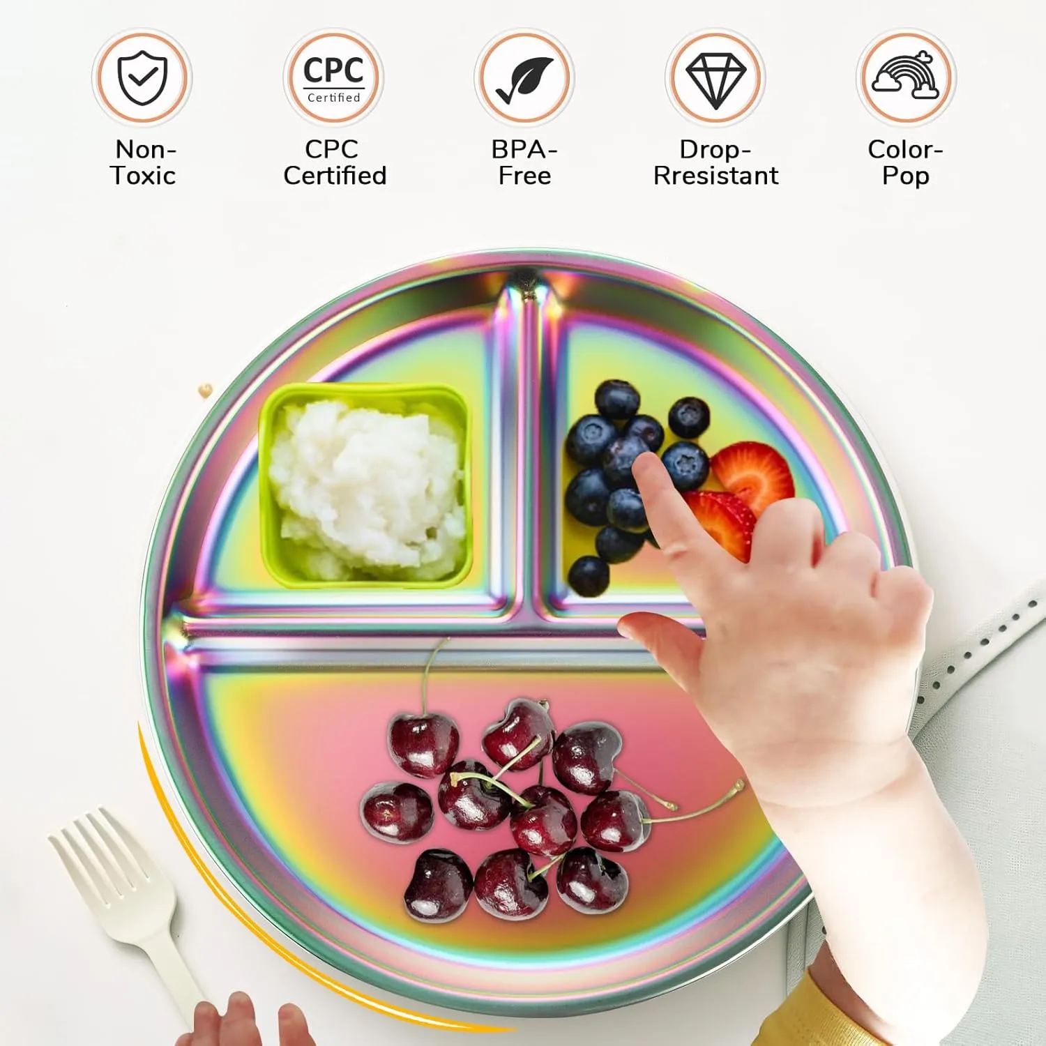 9" Stainless Steel Toddler Plates Set of 4, Divided Plate for Kids & Baby, Non Toxic Unbreakable Dishes Dinnerware Adults Portion Control Snack Container, Colorful Meal Time Chums