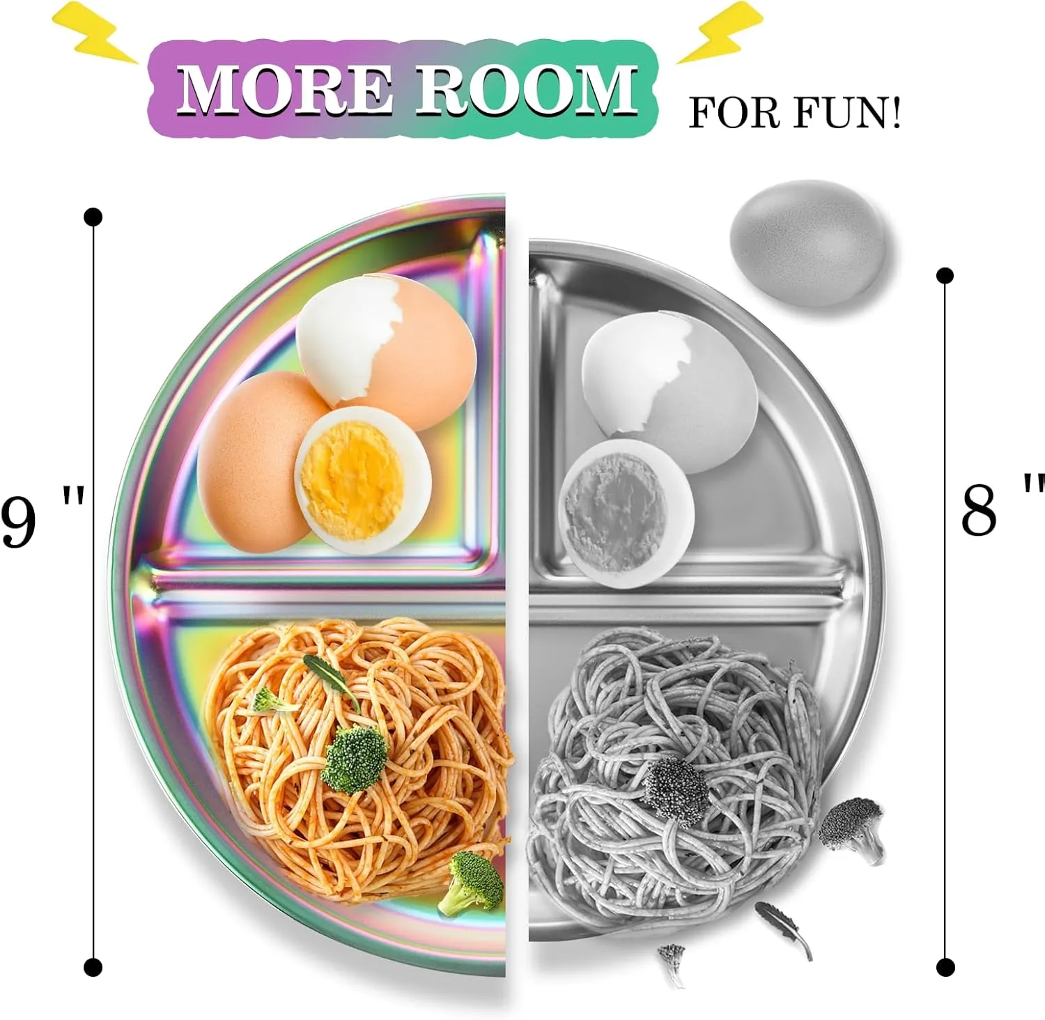 9" Stainless Steel Toddler Plates Set of 4, Divided Plate for Kids & Baby, Non Toxic Unbreakable Dishes Dinnerware Adults Portion Control Snack Container, Colorful Meal Time Chums