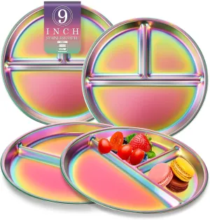 9" Stainless Steel Toddler Plates Set of 4, Divided Plate for Kids & Baby, Non Toxic Unbreakable Dishes Dinnerware Adults Portion Control Snack Container, Colorful Meal Time Chums