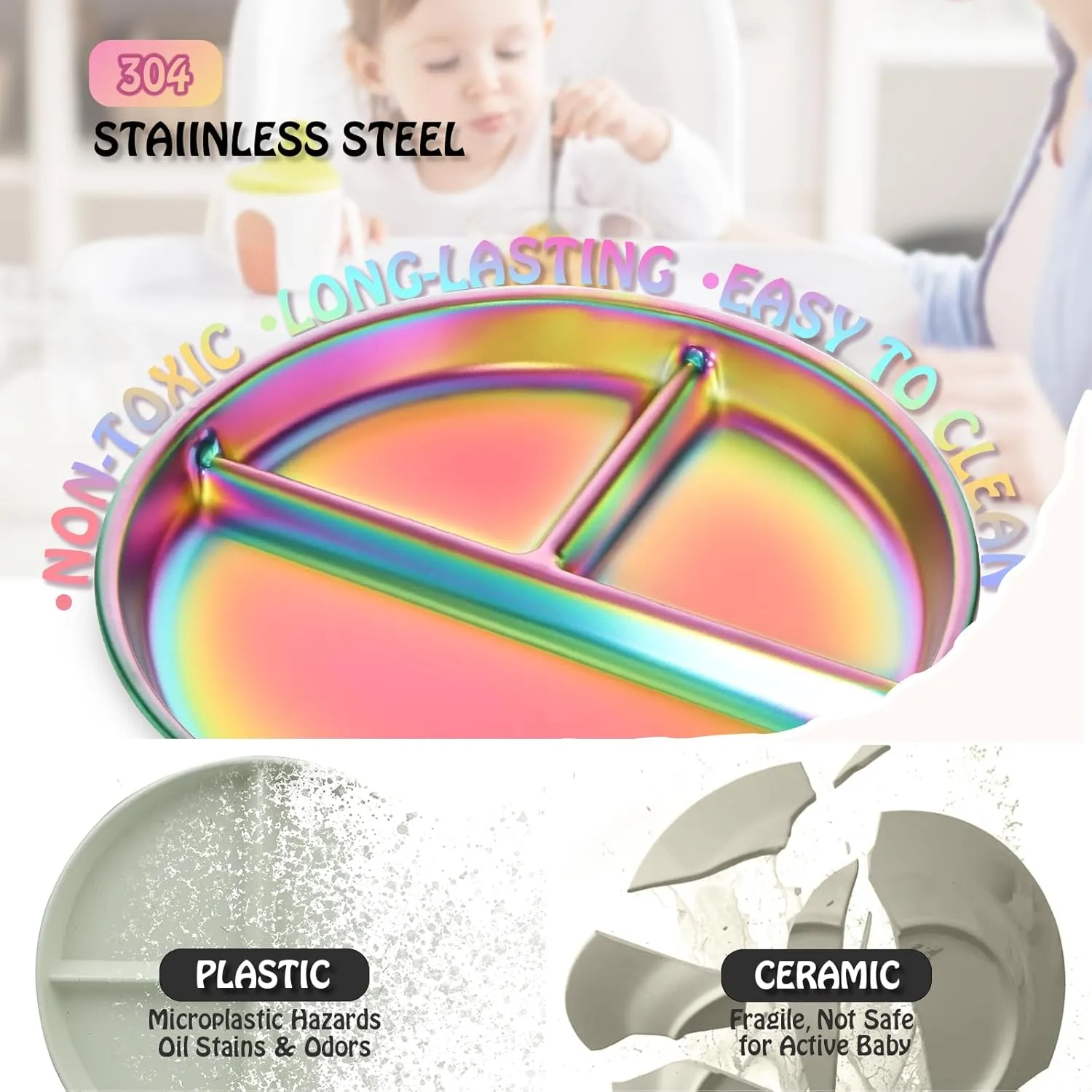 9" Stainless Steel Toddler Plates Set of 4, Divided Plate for Kids & Baby, Non Toxic Unbreakable Dishes Dinnerware Adults Portion Control Snack Container, Colorful Meal Time Chums