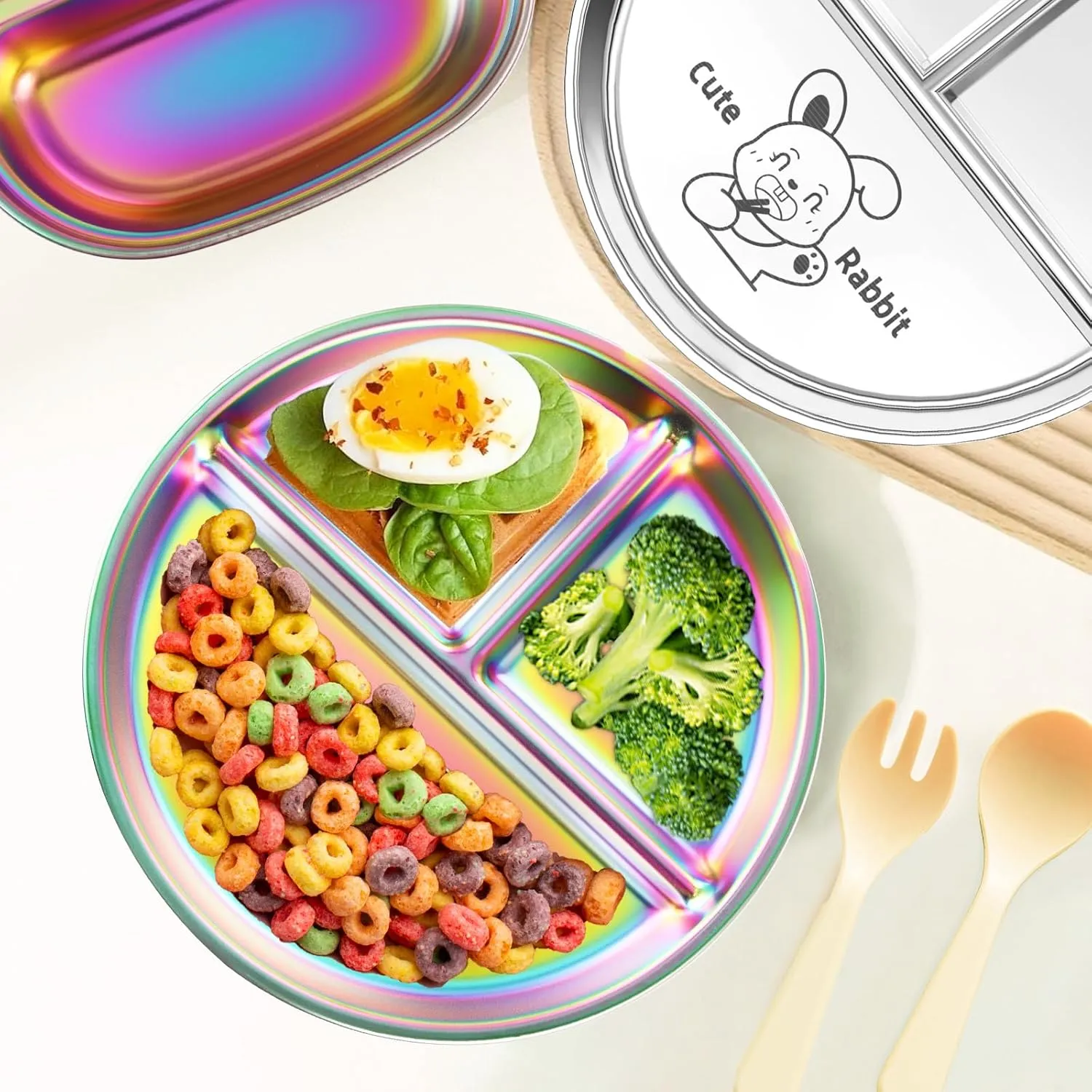 9" Stainless Steel Toddler Plates Set of 4, Divided Plate for Kids & Baby, Non Toxic Unbreakable Dishes Dinnerware Adults Portion Control Snack Container, Colorful Meal Time Chums