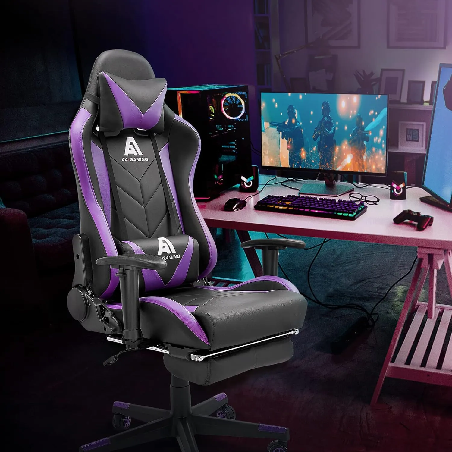 AA Products Gaming Chair - High Back Ergonomic Computer Racing Chair with Footrest, Lumbar Support and Swivel - Black/Purple