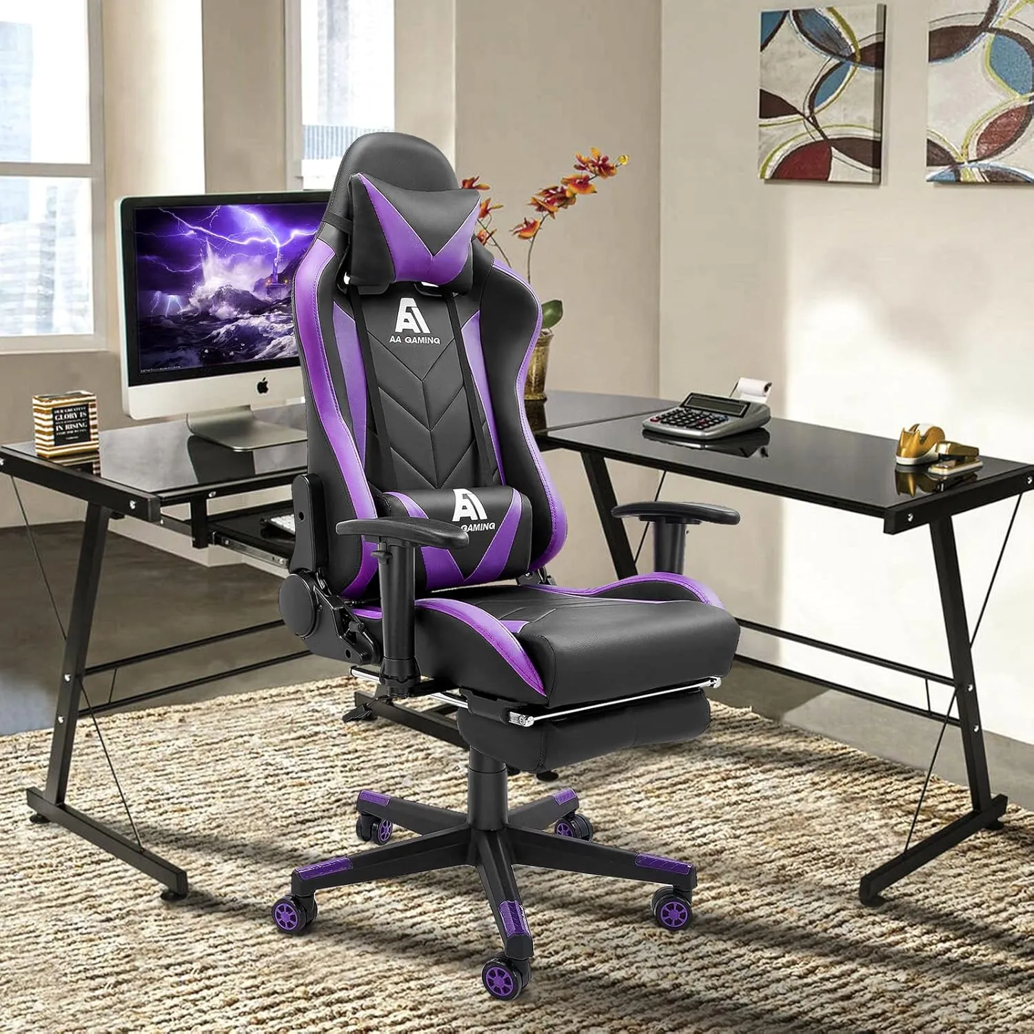 AA Products Gaming Chair - High Back Ergonomic Computer Racing Chair with Footrest, Lumbar Support and Swivel - Black/Purple