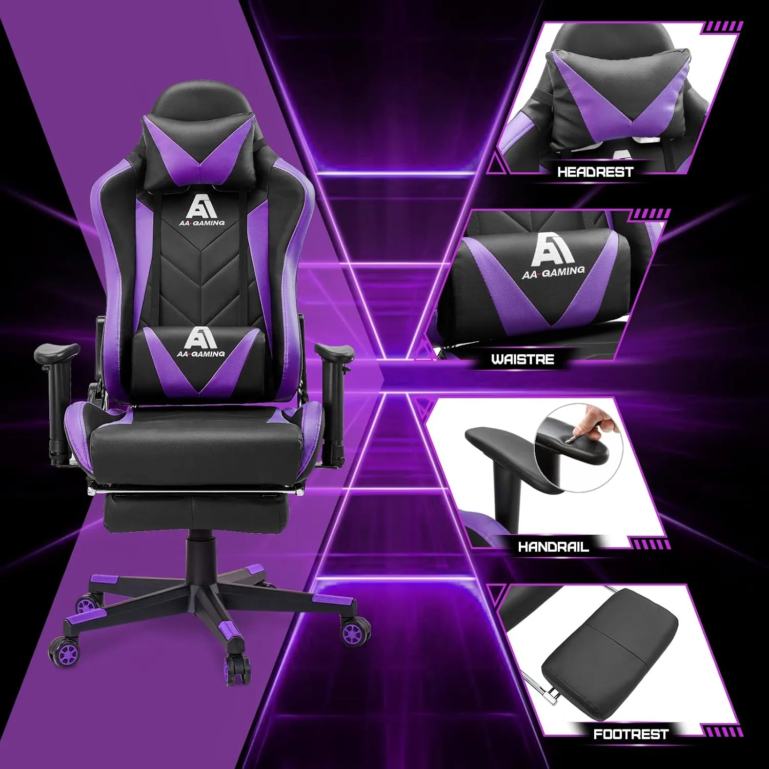AA Products Gaming Chair - High Back Ergonomic Computer Racing Chair with Footrest, Lumbar Support and Swivel - Black/Purple