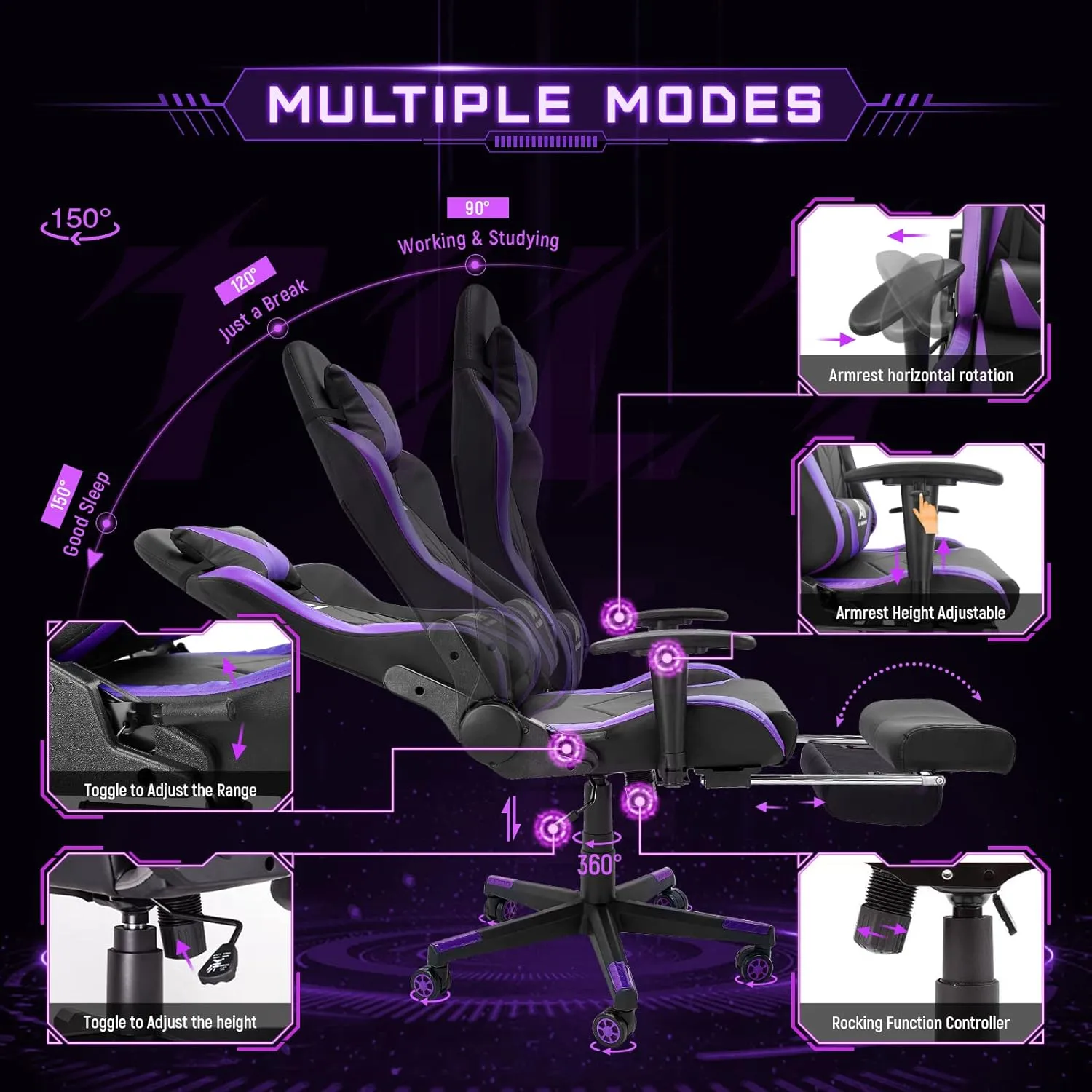 AA Products Gaming Chair - High Back Ergonomic Computer Racing Chair with Footrest, Lumbar Support and Swivel - Black/Purple