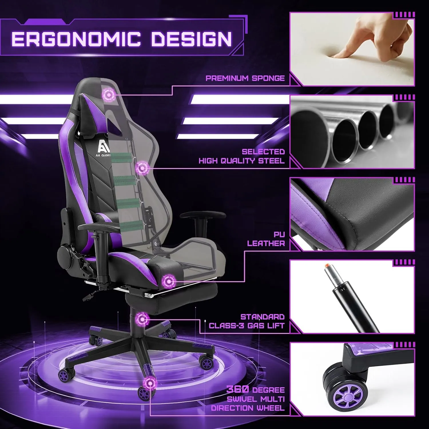 AA Products Gaming Chair - High Back Ergonomic Computer Racing Chair with Footrest, Lumbar Support and Swivel - Black/Purple