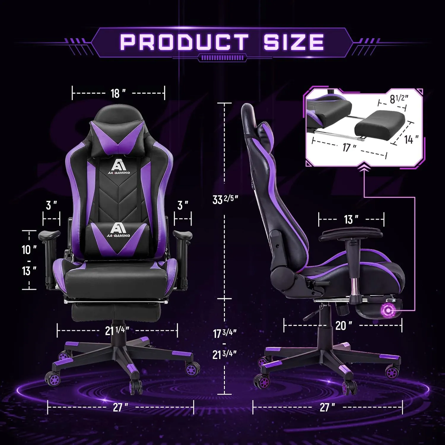 AA Products Gaming Chair - High Back Ergonomic Computer Racing Chair with Footrest, Lumbar Support and Swivel - Black/Purple