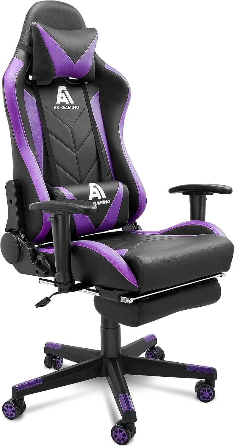 AA Products Gaming Chair - High Back Ergonomic Computer Racing Chair with Footrest, Lumbar Support and Swivel - Black/Purple