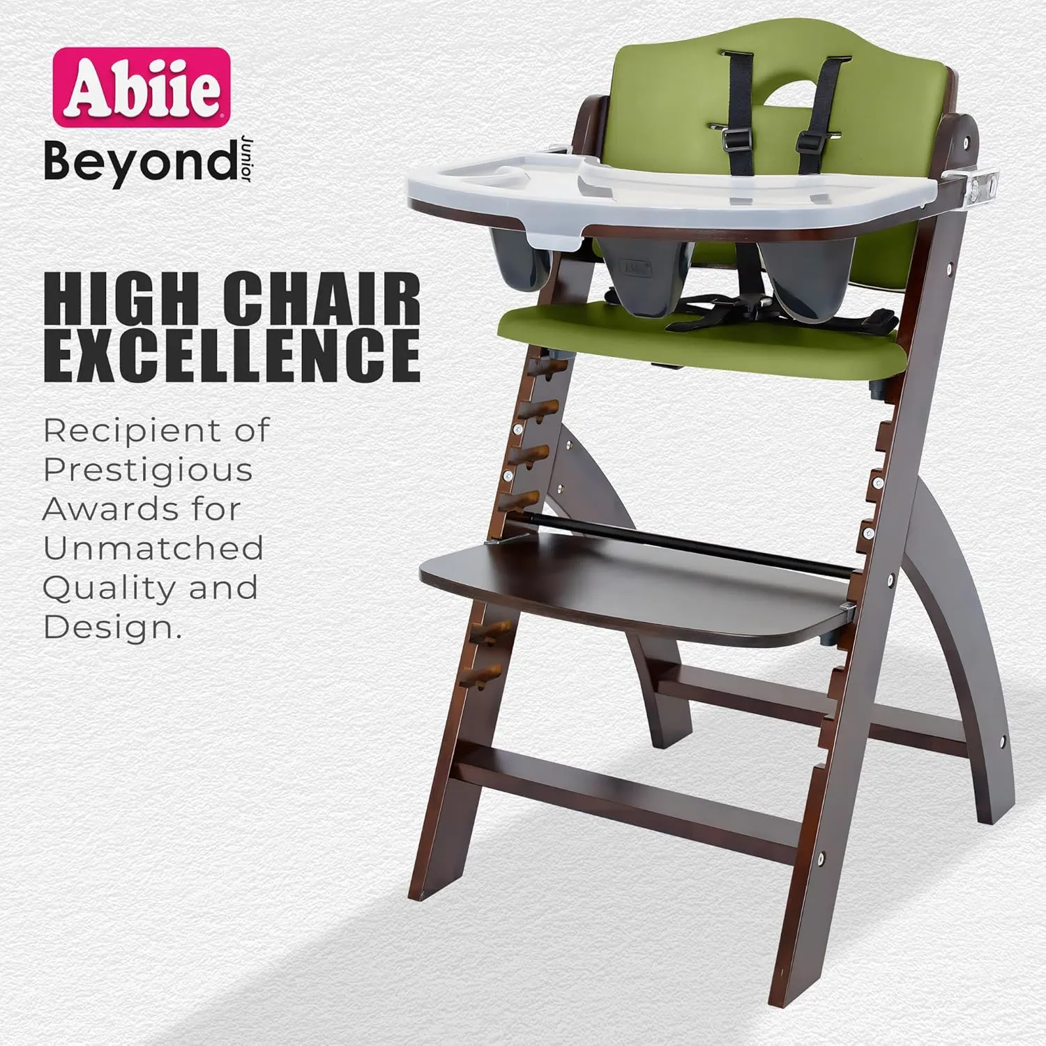 Abiie Beyond Junior Wooden High Chair with Tray - Adjustable and Convertible High Chair for Babies and Toddlers - 6 Months to 250 Lb - Water Resistant - Mahogany Wood/Olive Cushion