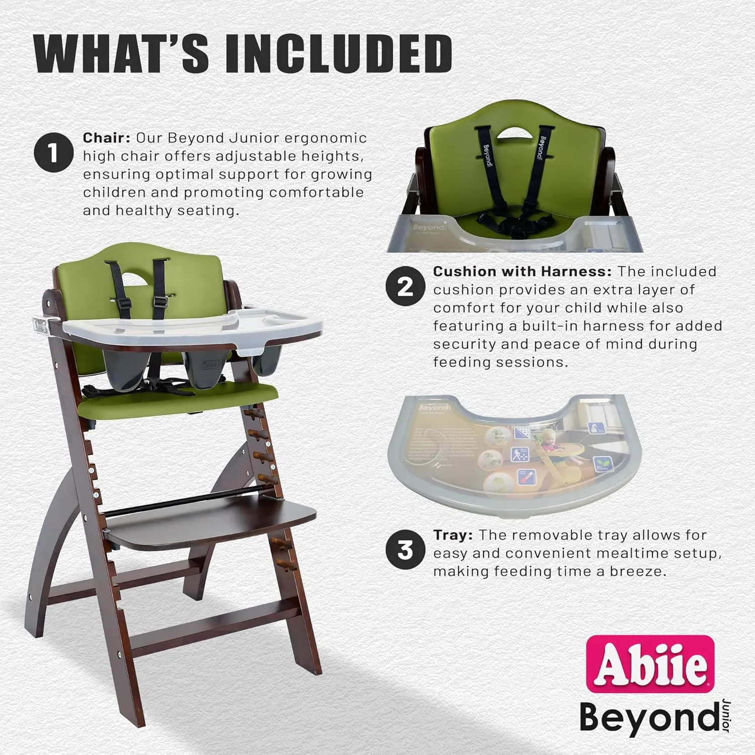 Abiie Beyond Junior Wooden High Chair with Tray - Adjustable and Convertible High Chair for Babies and Toddlers - 6 Months to 250 Lb - Water Resistant - Mahogany Wood/Olive Cushion