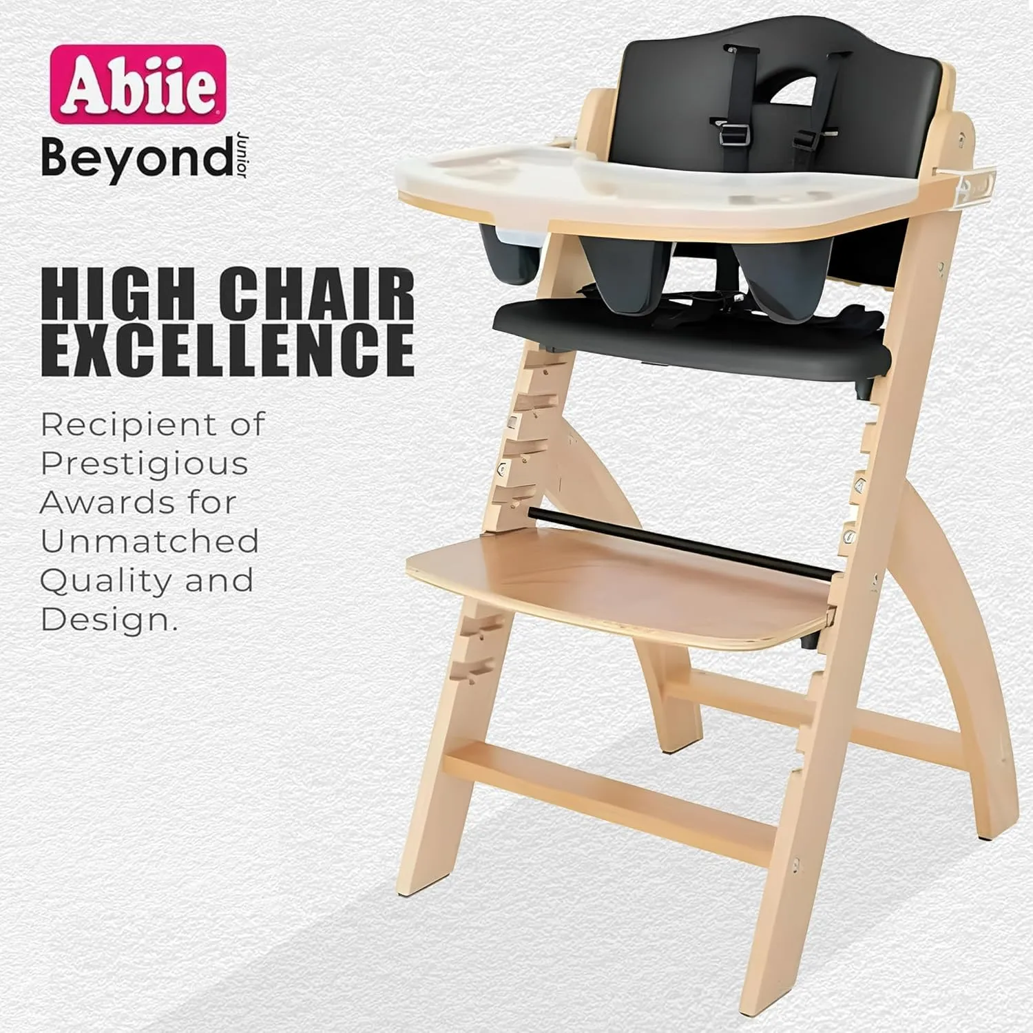 Abiie Beyond Junior Wooden High Chair with Tray - Adjustable and Convertible High Chair for Babies and Toddlers - 6 Months to 250 Lb - Water Resistant - Natural Wood/Black Pearl Cushion