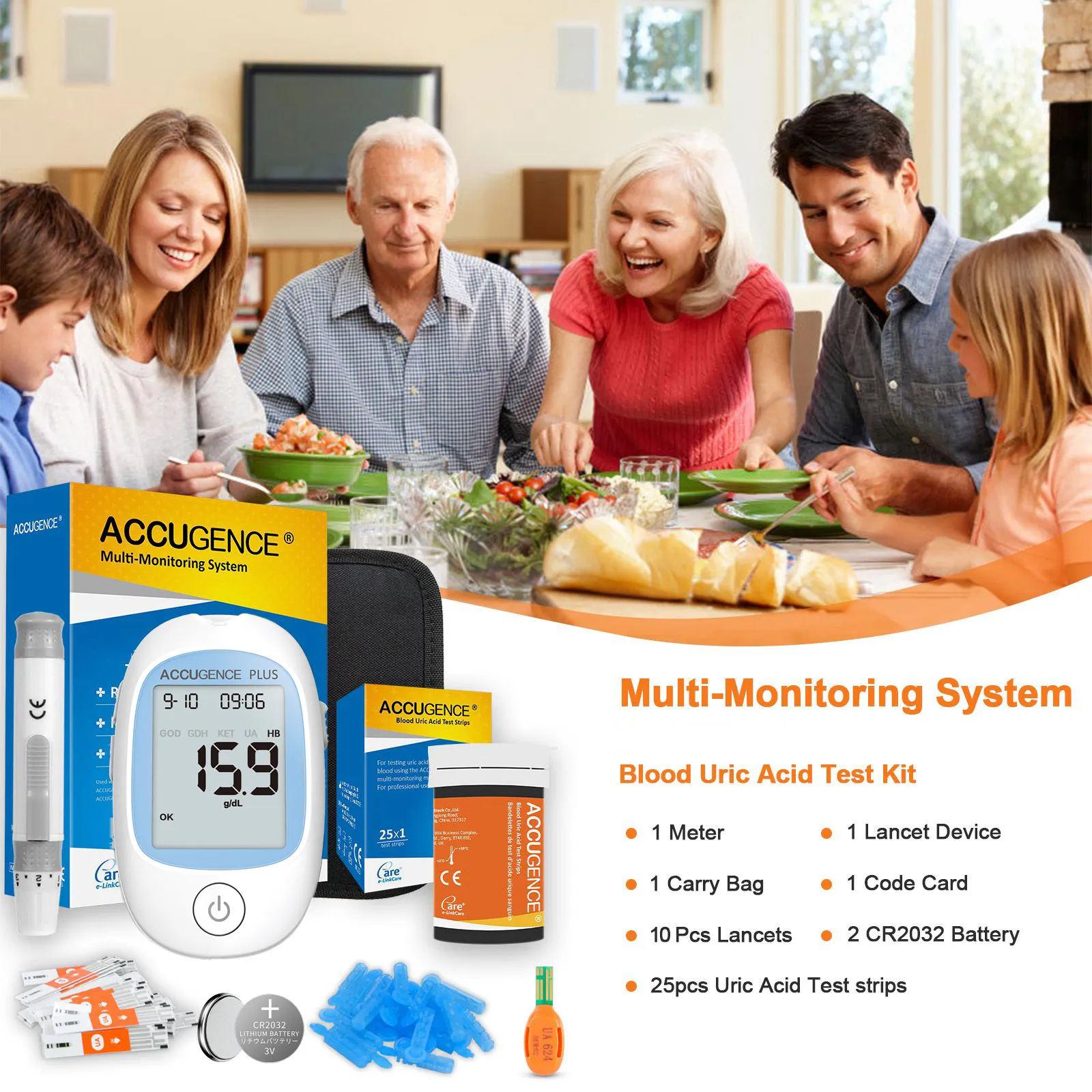 Accugence - Blood Uric Acid Meter Starter Kit with 25 x Uric Acid Strips