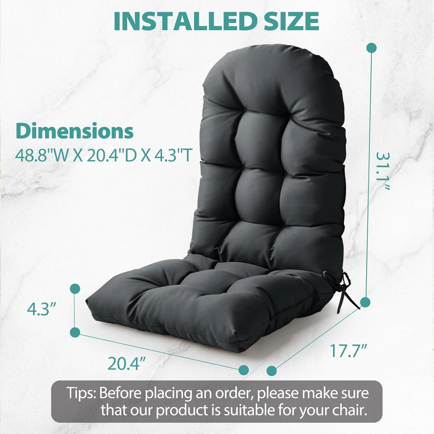 Adirondack Chair Cushion, High Back Patio Cushions with Adjustable Ties, 48.8 x 20.4 x 4.3, Waterproof Tufted Pillow, Fade Resistant Seat Rocking Chair Cushion for Indoor/Outdoor, Dark Gray,2