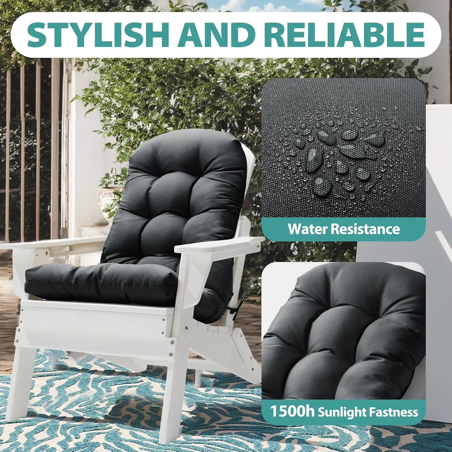 Adirondack Chair Cushion, High Back Patio Cushions with Adjustable Ties, 48.8 x 20.4 x 4.3, Waterproof Tufted Pillow, Fade Resistant Seat Rocking Chair Cushion for Indoor/Outdoor, Dark Gray,2