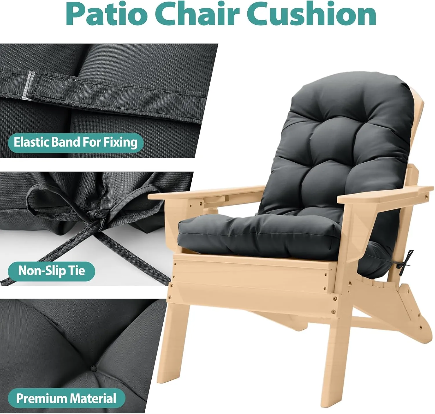 Adirondack Chair Cushion, High Back Patio Cushions with Adjustable Ties, 48.8 x 20.4 x 4.3, Waterproof Tufted Pillow, Fade Resistant Seat Rocking Chair Cushion for Indoor/Outdoor, Dark Gray,2