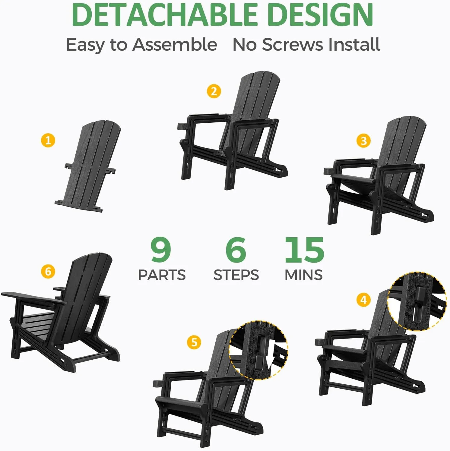 Adirondack Chair, Patio Chair with Cup Holder, Plastic Recliner Chair Without Screws Install, Outdoor Funiture for Backyard Garden Lawn Beach, 400 LBS Capacity, Black