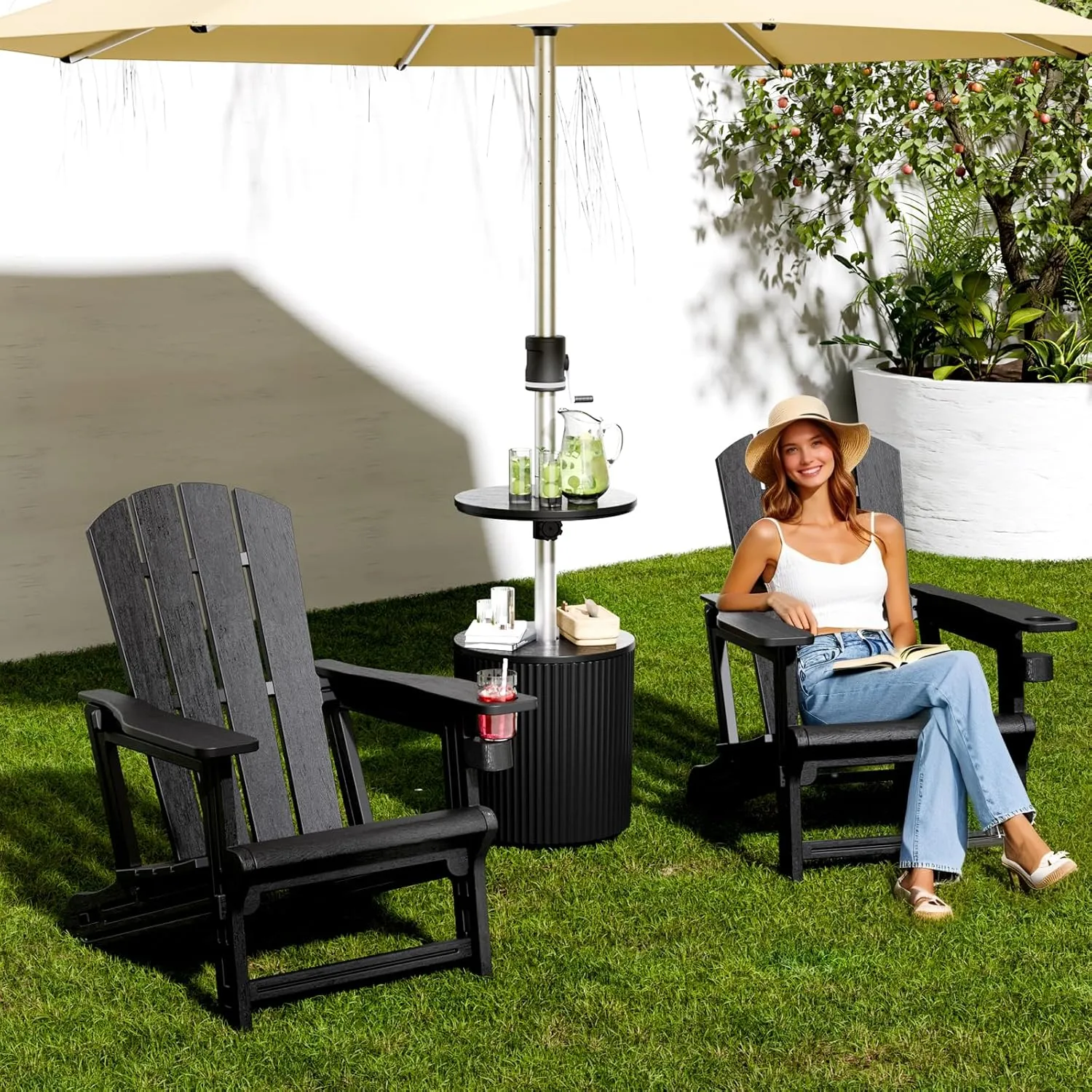 Adirondack Chair, Patio Chair with Cup Holder, Plastic Recliner Chair Without Screws Install, Outdoor Funiture for Backyard Garden Lawn Beach, 400 LBS Capacity, Black