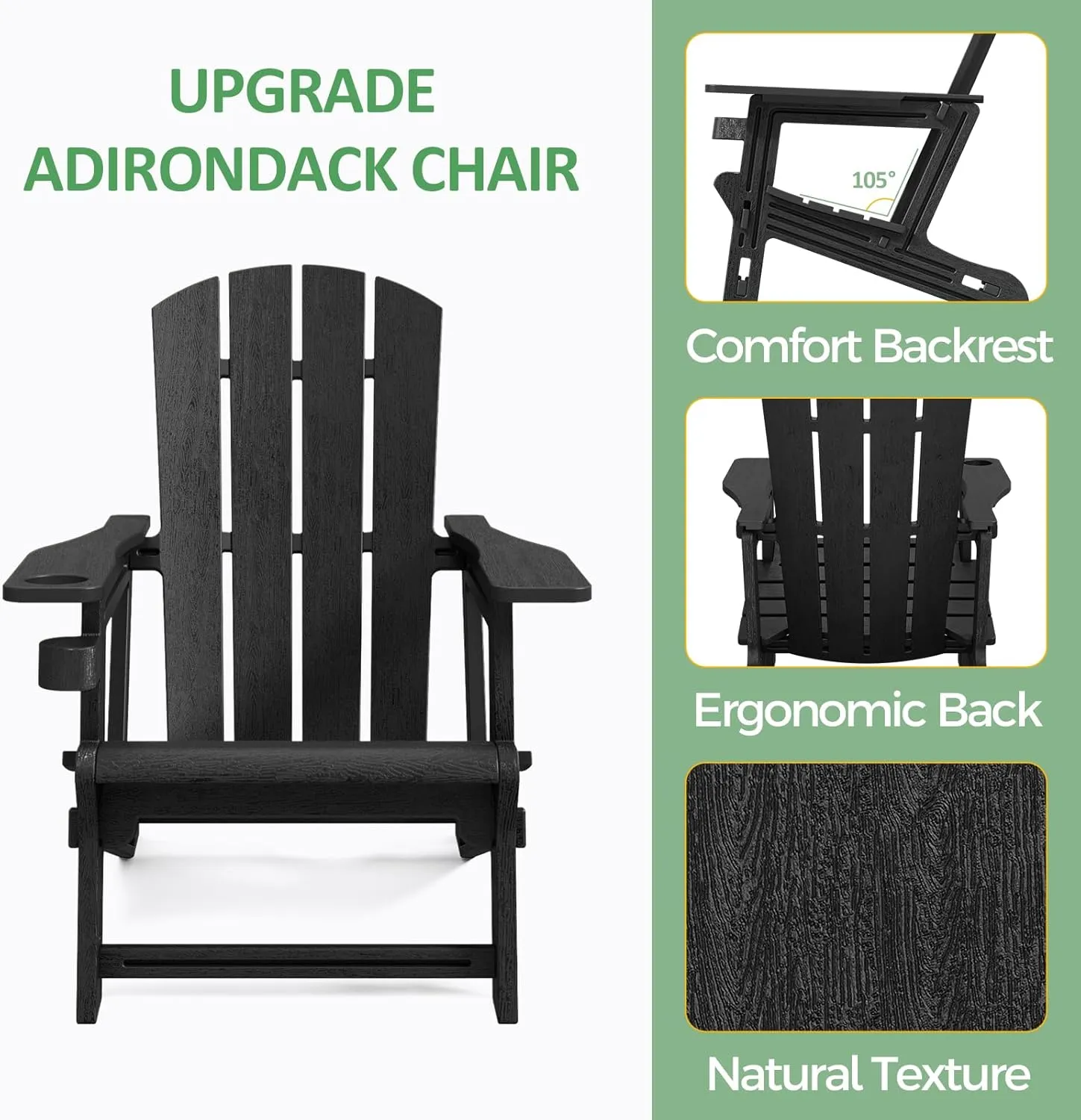 Adirondack Chair, Patio Chair with Cup Holder, Plastic Recliner Chair Without Screws Install, Outdoor Funiture for Backyard Garden Lawn Beach, 400 LBS Capacity, Black