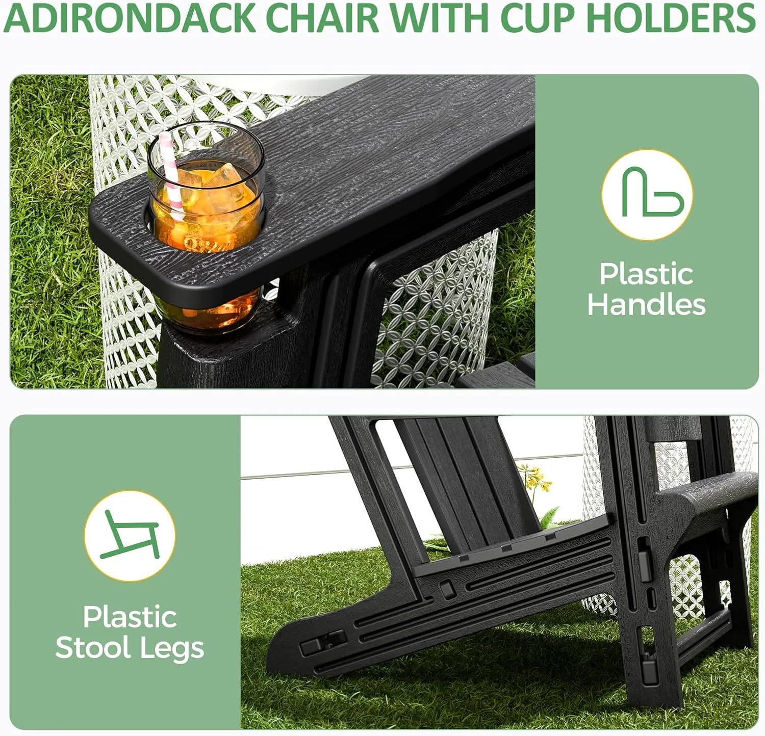 Adirondack Chair, Patio Chair with Cup Holder, Plastic Recliner Chair Without Screws Install, Outdoor Funiture for Backyard Garden Lawn Beach, 400 LBS Capacity, Black