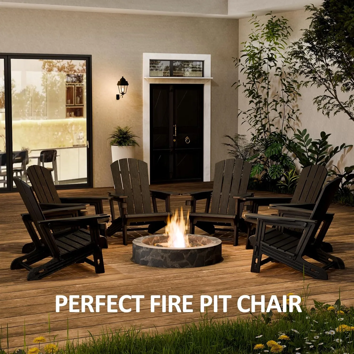 Adirondack Chair, Patio Chair with Cup Holder, Plastic Recliner Chair Without Screws Install, Outdoor Funiture for Backyard Garden Lawn Beach, 400 LBS Capacity, Black