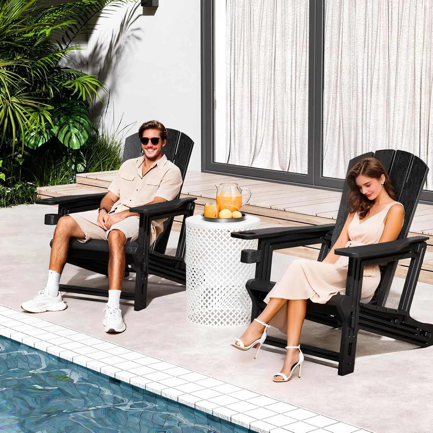 Adirondack Chair, Patio Chair with Cup Holder, Plastic Recliner Chair Without Screws Install, Outdoor Funiture for Backyard Garden Lawn Beach, 400 LBS Capacity, Black